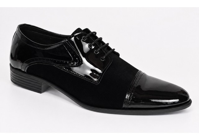 Pantofi barbati negri din piele naturala lac si velur cu siret GKR819LVN